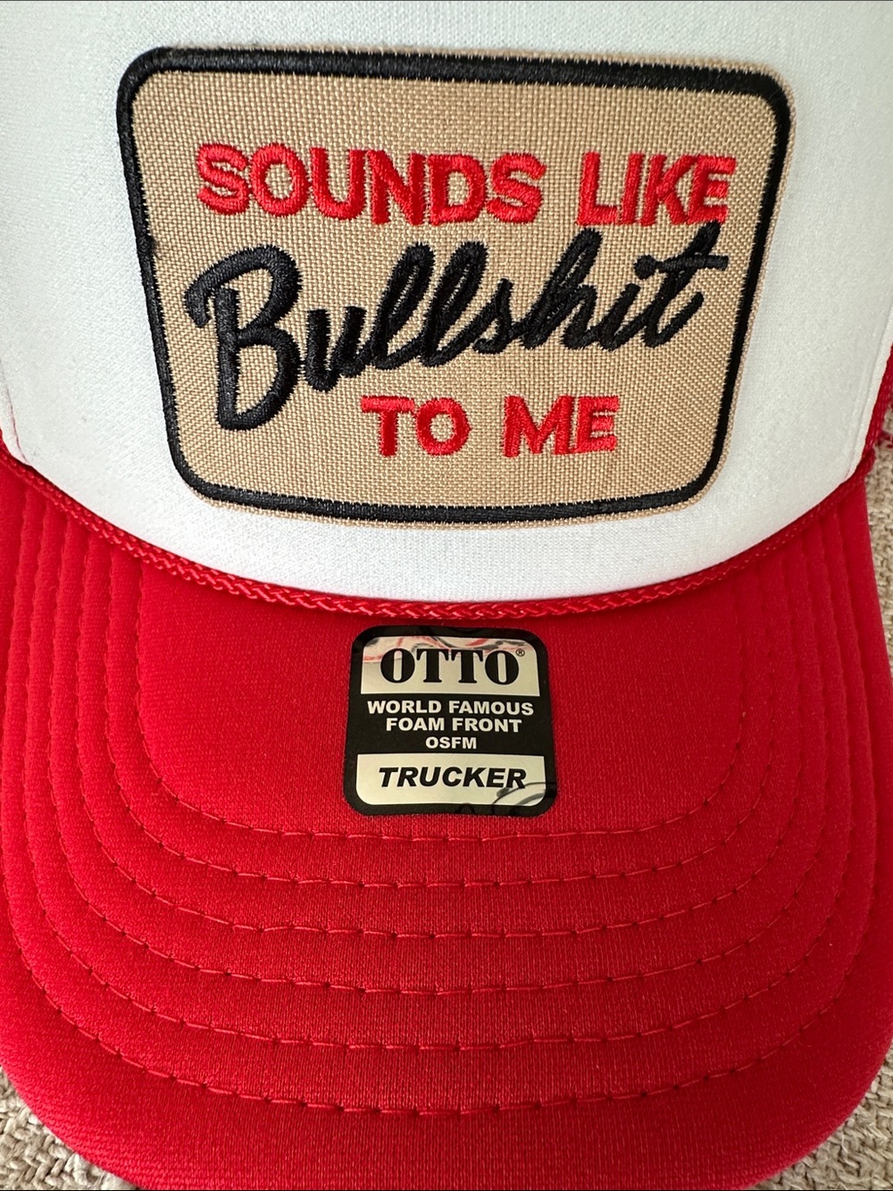 OTTO Red & White Trucker Hat with 'Sounds Like Bullshit To Me' Patch. NWT - Picture 2 of 8